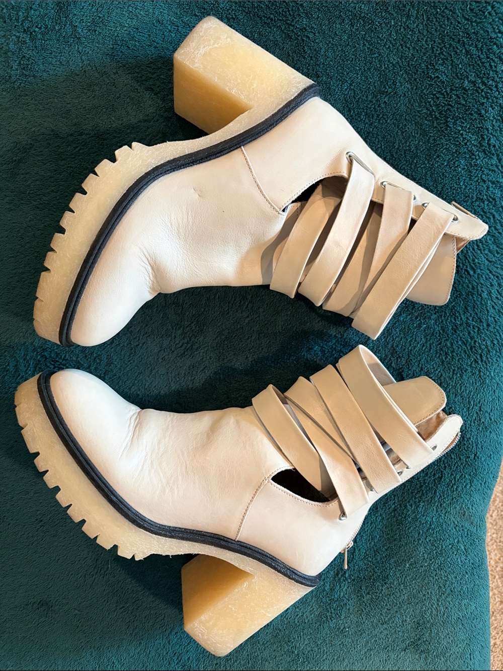 Free People Cream Strappy Lug-Heel Ankle Boots